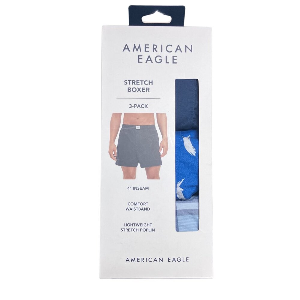 New AMERICAN EAGLE Men's XS S 3 Pack 4" Stretch Poplin Boxers Blue Plaid‎ Logo